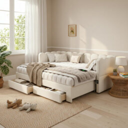 Btm Upholstered Daybed With 2 Drawers, 90X190Cm Extendable To 180Cm, Usb Port, Beige Linen - thumbnail 4