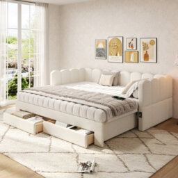 Btm Upholstered Daybed With 2 Drawers, 90X190Cm Extendable To 180Cm, Usb Port, Beige Linen