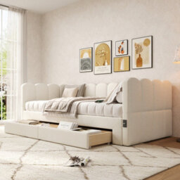 Btm Upholstered Daybed With 2 Drawers, 90X190Cm Extendable To 180Cm, Usb Port, Beige Linen - thumbnail 2