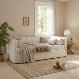 Btm Upholstered Daybed With 2 Drawers, 90X190Cm Extendable To 180Cm, Usb Port, Beige Linen - thumbnail 5
