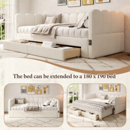 Btm Upholstered Daybed With 2 Drawers, 90X190Cm Extendable To 180Cm, Usb Port, Beige Linen - thumbnail 6