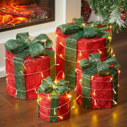 Living And Home 4 Pcs Red Glitter Led Lighted Christmas Square Gift Box Present Boxes Xmas Tree Decor With Bow - thumbnail 2