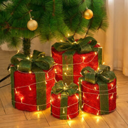 Living And Home 4 Pcs Red Glitter Led Lighted Christmas Square Gift Box Present Boxes Xmas Tree Decor With Bow