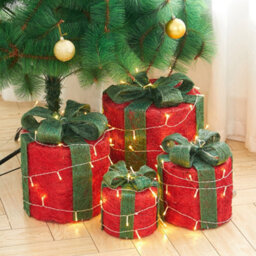 Living And Home 4 Pcs Red Glitter Led Lighted Christmas Square Gift Box Present Boxes Xmas Tree Decor With Bow - thumbnail 3