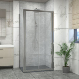 Sundaze 1100mm Bi-Fold Door Shower Enclosure Chrome Framed With 800mm Side Panel, Anthracite Slate Effect Shower Tray & Waste