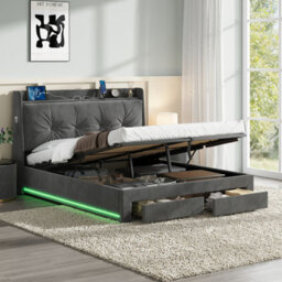 Abrihome 4Ft6 Double Velvet Hydraulic Storage Bed With Led Headboard & Charging Station - Grey Ottoman Bed Frame, Rgb Lights, No Mattress - thumbnail 4