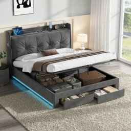 Abrihome 4Ft6 Double Velvet Hydraulic Storage Bed With Led Headboard & Charging Station - Grey Ottoman Bed Frame, Rgb Lights, No Mattress - thumbnail 3