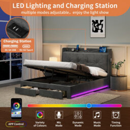Abrihome 4Ft6 Double Velvet Hydraulic Storage Bed With Led Headboard & Charging Station - Grey Ottoman Bed Frame, Rgb Lights, No Mattress - thumbnail 6