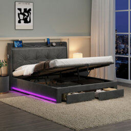 Abrihome 4Ft6 Double Velvet Hydraulic Storage Bed With Led Headboard & Charging Station - Grey Ottoman Bed Frame, Rgb Lights, No Mattress - thumbnail 1