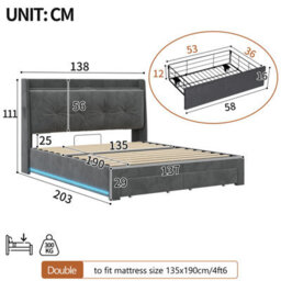 Abrihome 4Ft6 Double Velvet Hydraulic Storage Bed With Led Headboard & Charging Station - Grey Ottoman Bed Frame, Rgb Lights, No Mattress - thumbnail 9