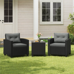 Yaheetech Wicker Patio Bistro Set, Rattan Coffee Table And 2 Cushioned Chairs, Black/grey