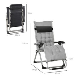 Outsunny 2 Pcs Reclining Zero Gravity Chair Folding Lounger Cushion Light Grey - thumbnail 3
