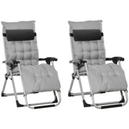 Outsunny 2 Pcs Reclining Zero Gravity Chair Folding Lounger Cushion Light Grey - thumbnail 2