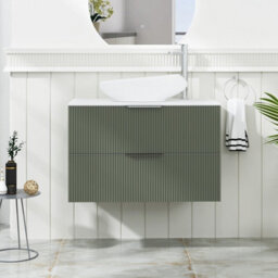 Royal Bathrooms Evora 800mm Sage Green Fluted Wall Hung Countertop Vanity Unit 2 Drawer With Nova Basin - thumbnail 1