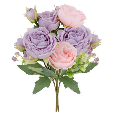 2 Artificial Silk Flower Bouquets, Fake Rose Fabric Flowers For Wedding Party, Centerpiece Decoration, Home, Garden (Purple) - image 1