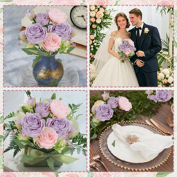 2 Artificial Silk Flower Bouquets, Fake Rose Fabric Flowers For Wedding Party, Centerpiece Decoration, Home, Garden (Purple) - thumbnail 7