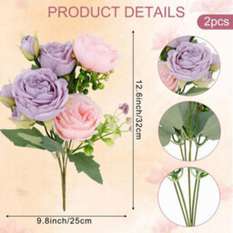 2 Artificial Silk Flower Bouquets, Fake Rose Fabric Flowers For Wedding Party, Centerpiece Decoration, Home, Garden (Purple) - thumbnail 2