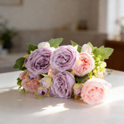2 Artificial Silk Flower Bouquets, Fake Rose Fabric Flowers For Wedding Party, Centerpiece Decoration, Home, Garden (Purple) - thumbnail 3
