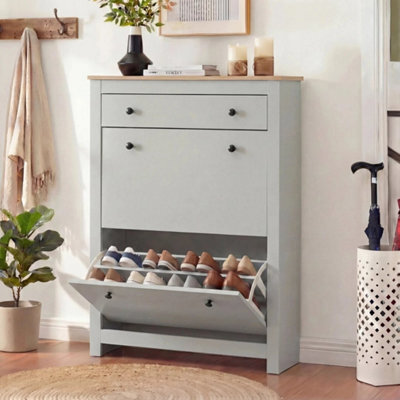Grey 3 Drawers Shoes Cabinet Storage Shoe Rack Wooden Stand Cupboard Unit Organiser - image 1