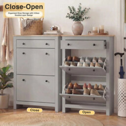 Grey 3 Drawers Shoes Cabinet Storage Shoe Rack Wooden Stand Cupboard Unit Organiser - thumbnail 3
