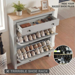 Grey 3 Drawers Shoes Cabinet Storage Shoe Rack Wooden Stand Cupboard Unit Organiser - thumbnail 4