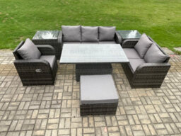 Fimous Outdoor Rattan Furniture Garden Dining Set Height Adjustable Rising Lifting Table Reclining Chair Sofa With Side Tables - thumbnail 2