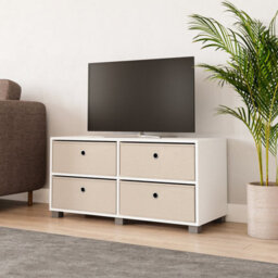 Urbn-Living Urbnliving 47Cm Height White Wooden Tv Unit Stand Media Cabinet 4 Beige Fabric Storage Drawers