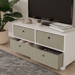 Urbn-Living Urbnliving 47Cm Height White Wooden Tv Unit Stand Media Cabinet 4 Beige Fabric Storage Drawers - thumbnail 2