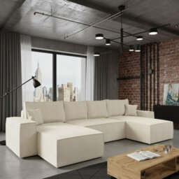 Malaga U Mdf Upholstered Living Room Corner Sofa Bed With Storage Free Standing Backrest 370X181X94Cm Cream Corduroy - thumbnail 1
