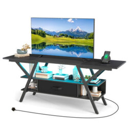 Gainoom Black Tv Stand For 65Inch Tvs 3-Tier Entertainment Center With Led Lights & Power Outlets - thumbnail 1