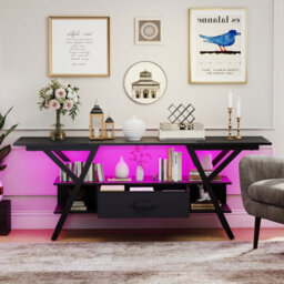 Gainoom Black Tv Stand For 65Inch Tvs 3-Tier Entertainment Center With Led Lights & Power Outlets - thumbnail 3