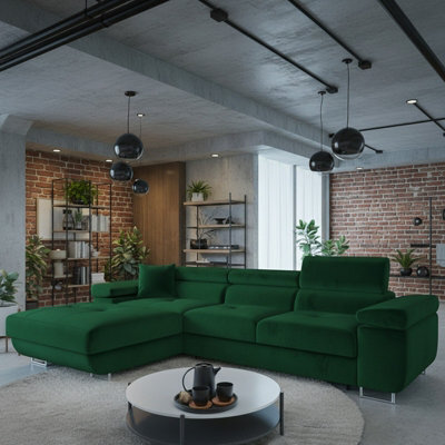 Torezio Mini L Shaped Sofa Bed With Adjustable Headrests Storage Dolfn Mechanism 280X170X70-90Cm Green Left - image 1