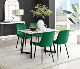 Furniturebox Carson 4 Seater White Marble Effect Rectangular Scratch Resistant Dining Table With 4 Green Pesaro Velvet Black Leg Chairs