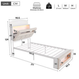 Btm 3Ft Single Upholstered Storage Bed, Led Lights, Storage Headboard And Footboard, White Metal Frame, Cream White Velvet - thumbnail 7