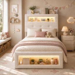 Btm 3Ft Single Upholstered Storage Bed, Led Lights, Storage Headboard And Footboard, White Metal Frame, Cream White Velvet - thumbnail 6