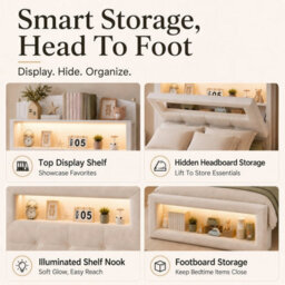Btm 3Ft Single Upholstered Storage Bed, Led Lights, Storage Headboard And Footboard, White Metal Frame, Cream White Velvet - thumbnail 9