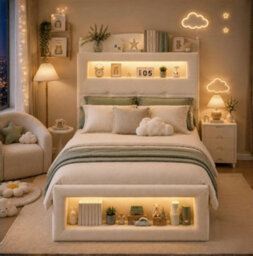 Btm 3Ft Single Upholstered Storage Bed, Led Lights, Storage Headboard And Footboard, White Metal Frame, Cream White Velvet - thumbnail 3