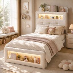 Btm 3Ft Single Upholstered Storage Bed, Led Lights, Storage Headboard And Footboard, White Metal Frame, Cream White Velvet - thumbnail 2