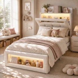 Btm 3Ft Single Upholstered Storage Bed, Led Lights, Storage Headboard And Footboard, White Metal Frame, Cream White Velvet - thumbnail 1