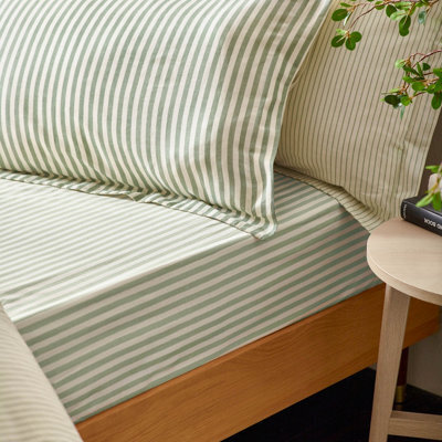 Yard Hebden Striped 100% Cotton Fitted Sheet, Forest Green, Single