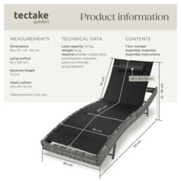 Tectake Sun Lounger Weatherproof And Uv-Resistant 6 Step Adjustable Backrest Poly Rattan  - Mottled Grey - thumbnail 6