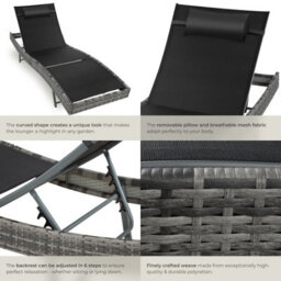 Tectake Sun Lounger Weatherproof And Uv-Resistant 6 Step Adjustable Backrest Poly Rattan  - Mottled Grey - thumbnail 5