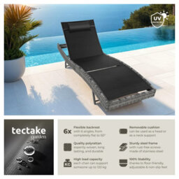 Tectake Sun Lounger Weatherproof And Uv-Resistant 6 Step Adjustable Backrest Poly Rattan  - Mottled Grey - thumbnail 2
