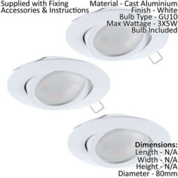 Set Of 3 White Aluminium Flush Ceiling Downlights With Gu10 5W Bulbs - thumbnail 2