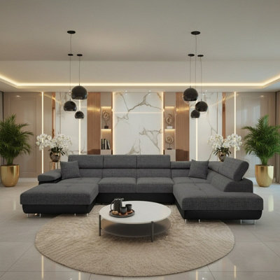 Torezio Bis U Shape Sleeper Corner Sofa With Storage Adjustable Headrests Chipboard Frame 346X203X90Cm Black And Grey Right - image 1
