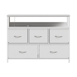 White 5 Drawer Fabric Chest Of Drawers With Power Outlet Rustic Storage Cabinet Unit - thumbnail 1