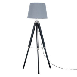 Valuelights Clipper Black Wood And Silver Chrome Tripod Floor Lamp With Grey Light Shade Complete With 6W Led Gls Bulb