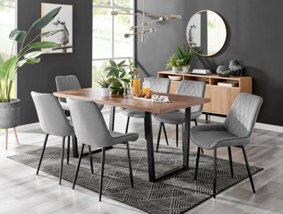 Furniturebox Kylo Brown Rectangular Wood Effect Dining Table & 6 Grey Velvet Pesaro Black Leg Chairs - image 1