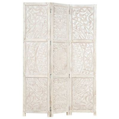 Berkfield Hand Carved 3-Panel Room Divider White 120X165 Cm Solid Mango Wood - image 1