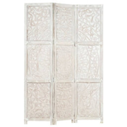 Berkfield Hand Carved 3-Panel Room Divider White 120X165 Cm Solid Mango Wood - thumbnail 5